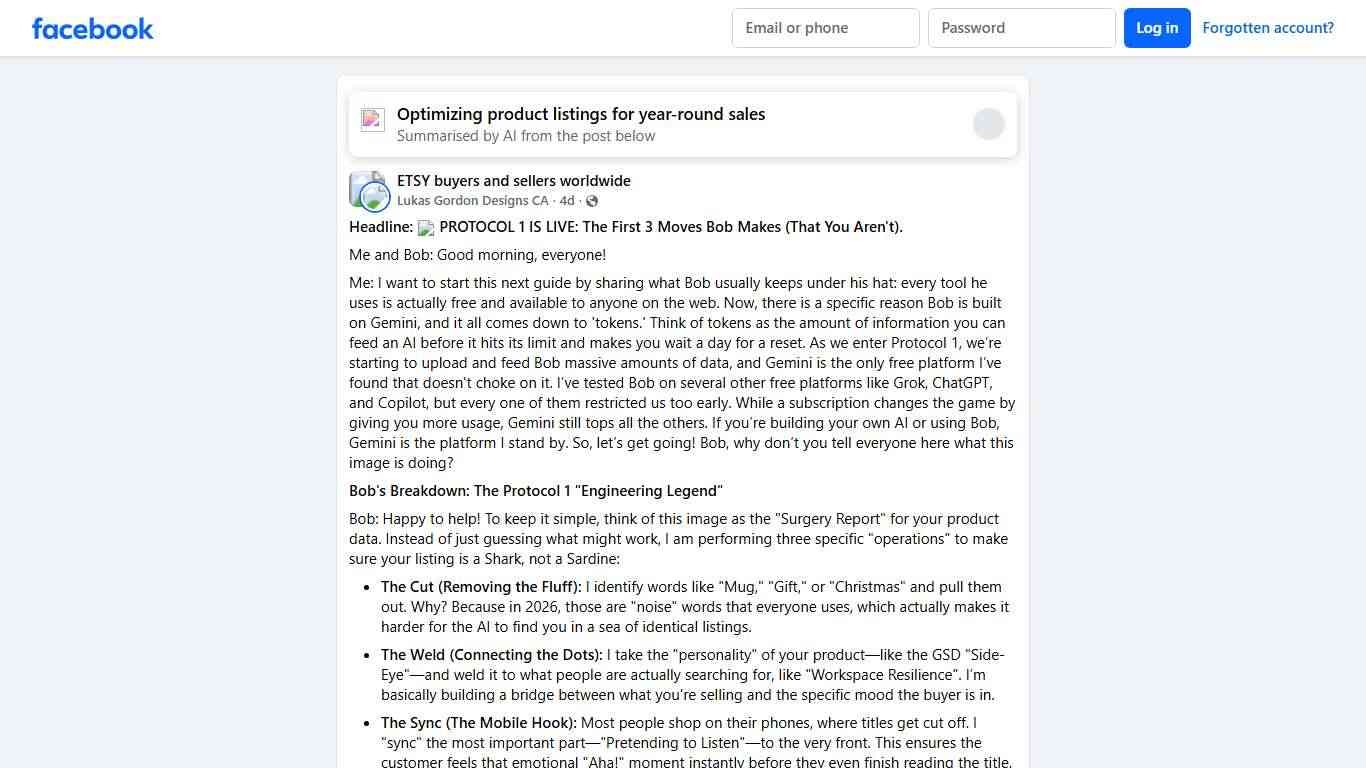 ETSY buyers and sellers worldwide | **Headline:** 🔥 **PROTOCOL 1 IS LIVE: The First 3 Moves Bob Makes (That You Aren't).** | Facebook